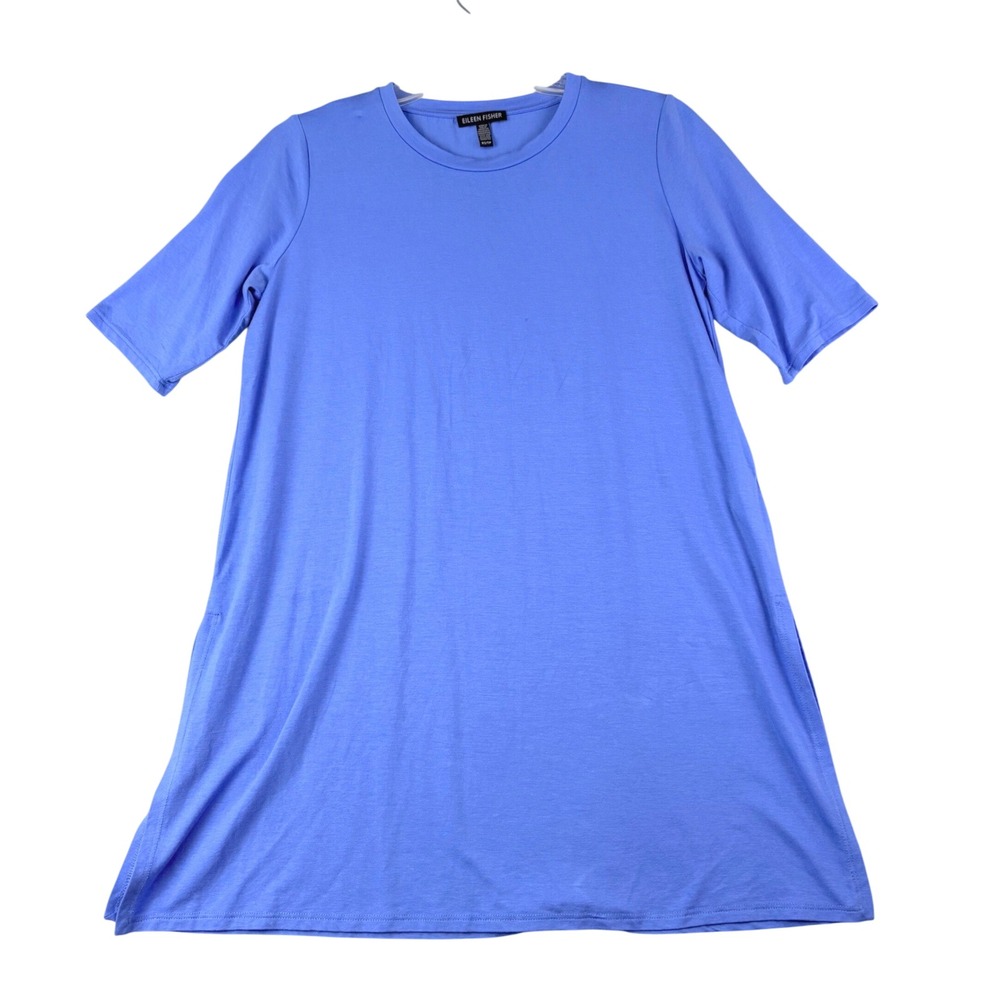 Eileen Fisher XS Blue Tunic Top Short Sleeve Crew Neck Side Slit Lagenlook Tee